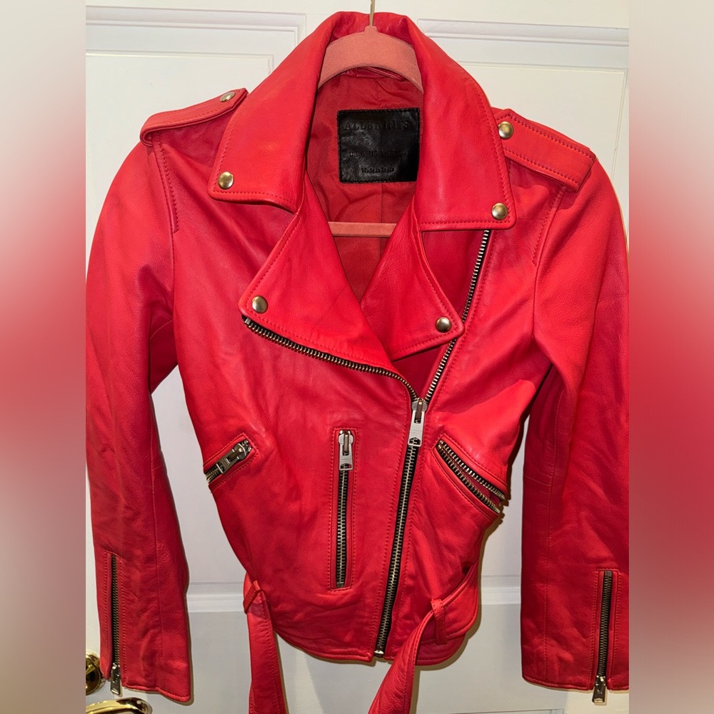 All Saints real leather jacket, bright red, great condition, US size 2